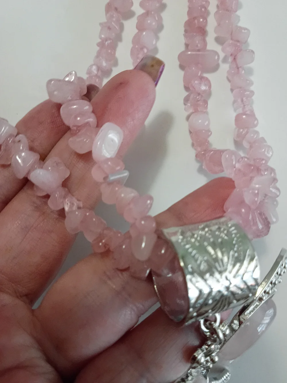 Rose Quartz Silver Dragonfly Pendant Necklace Multi Strand Gorgeous